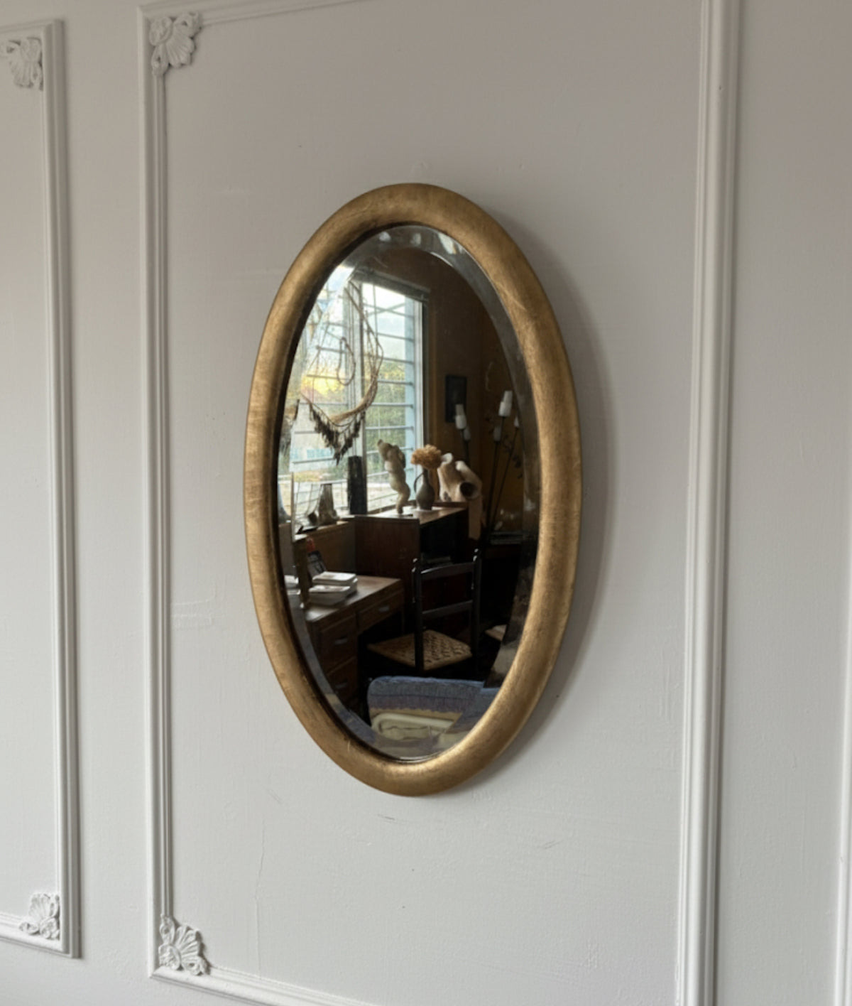 Miroir doré ovale ancien glace biseautée