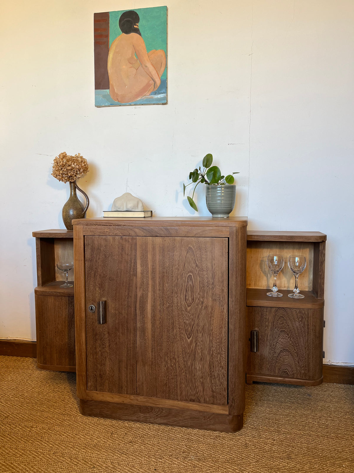 Meuble bar buffet art déco bois massif lignes arrondies