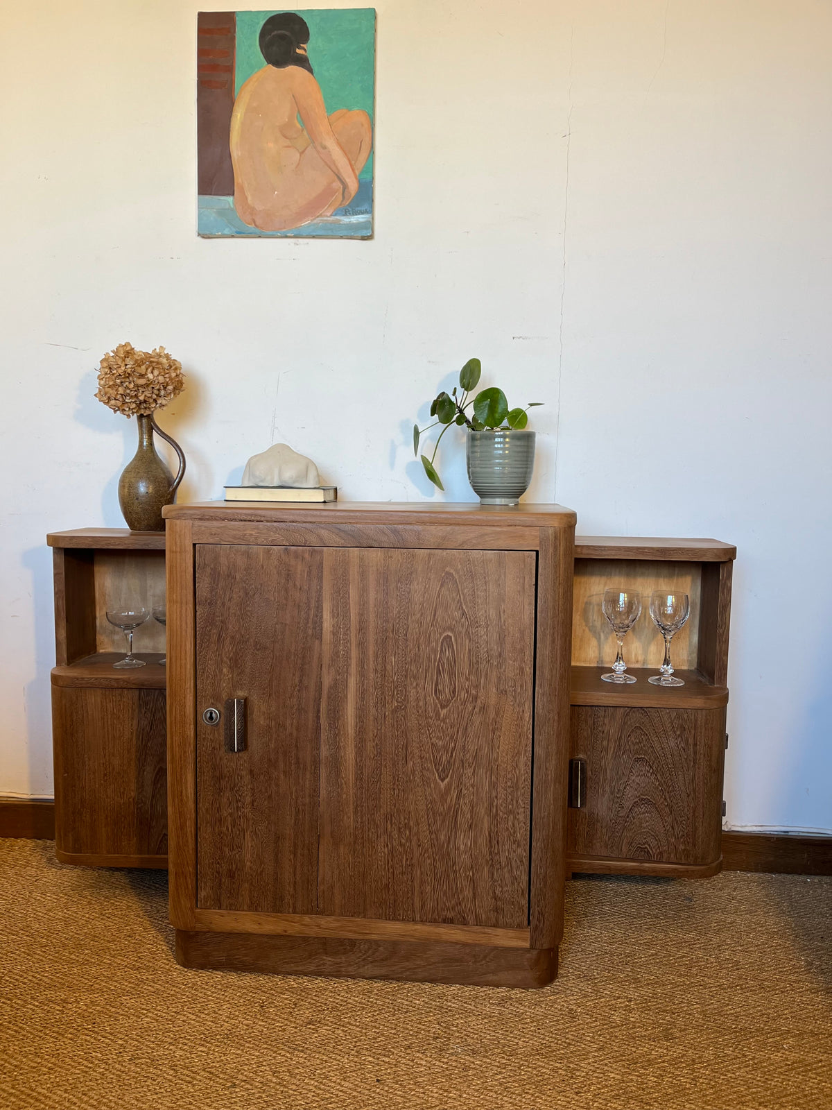 Meuble bar buffet art déco bois massif lignes arrondies