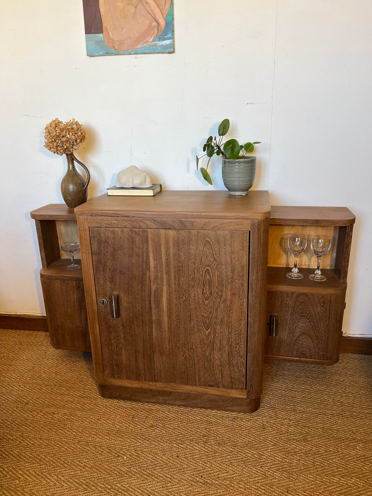 Meuble bar buffet art déco bois massif lignes arrondies
