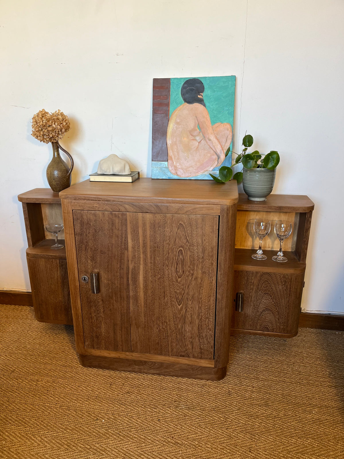 Meuble bar buffet art déco bois massif lignes arrondies