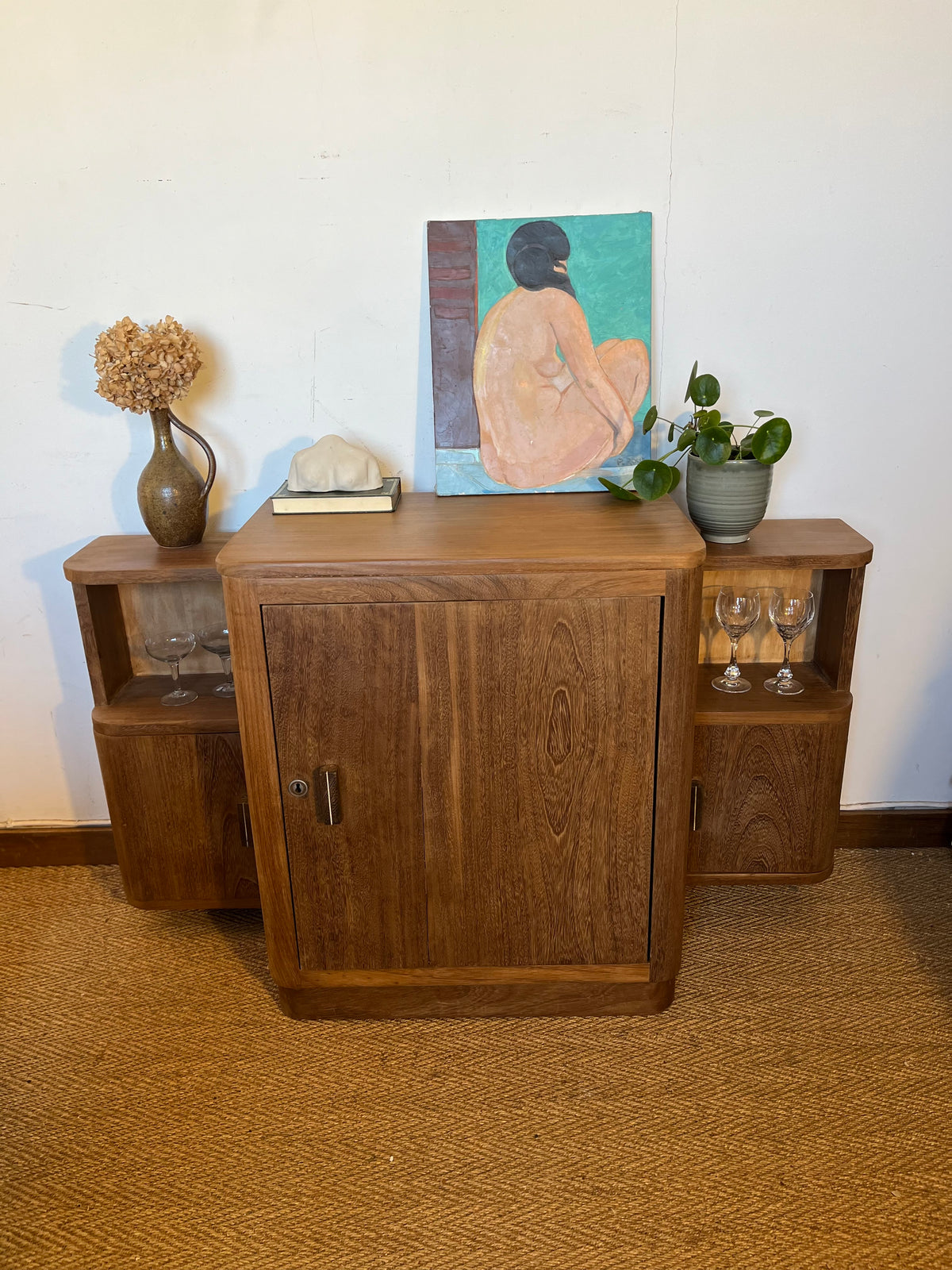 Meuble bar buffet art déco bois massif lignes arrondies