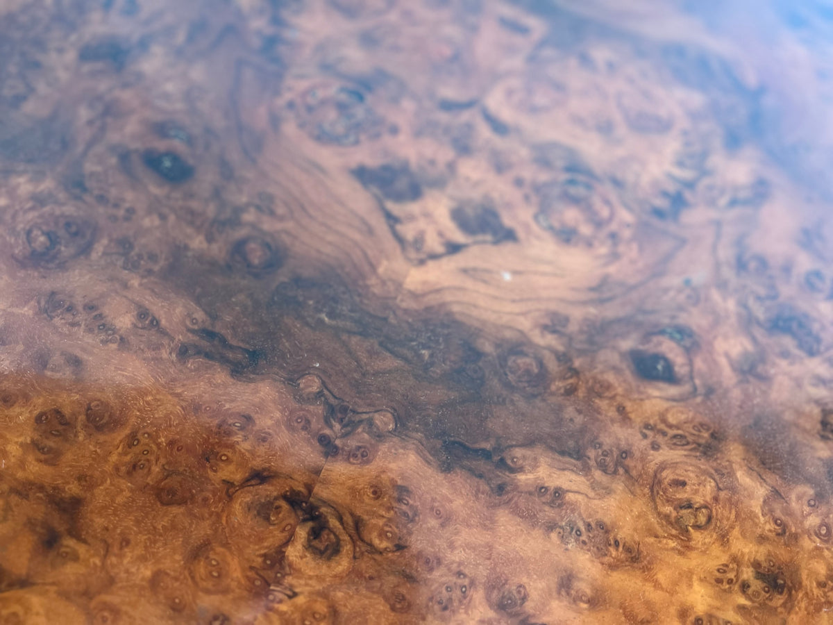 Table basse vintage en loupe de noyer