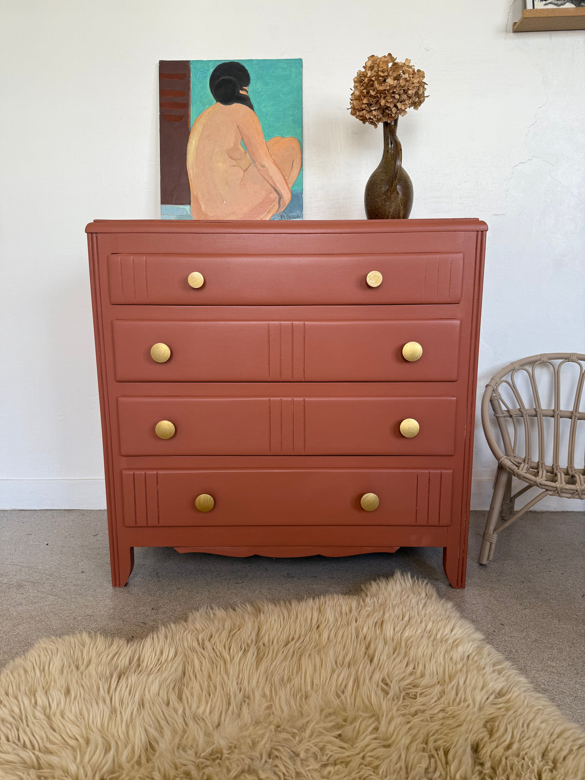Commode vintage en bois terra cotta