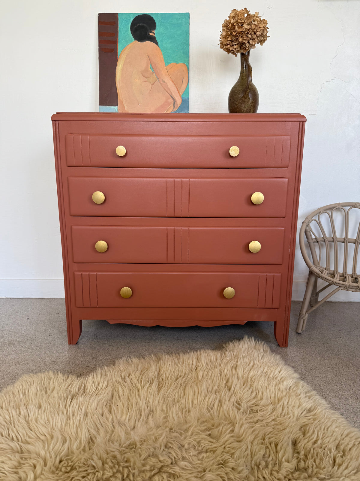 Commode vintage en bois terra cotta