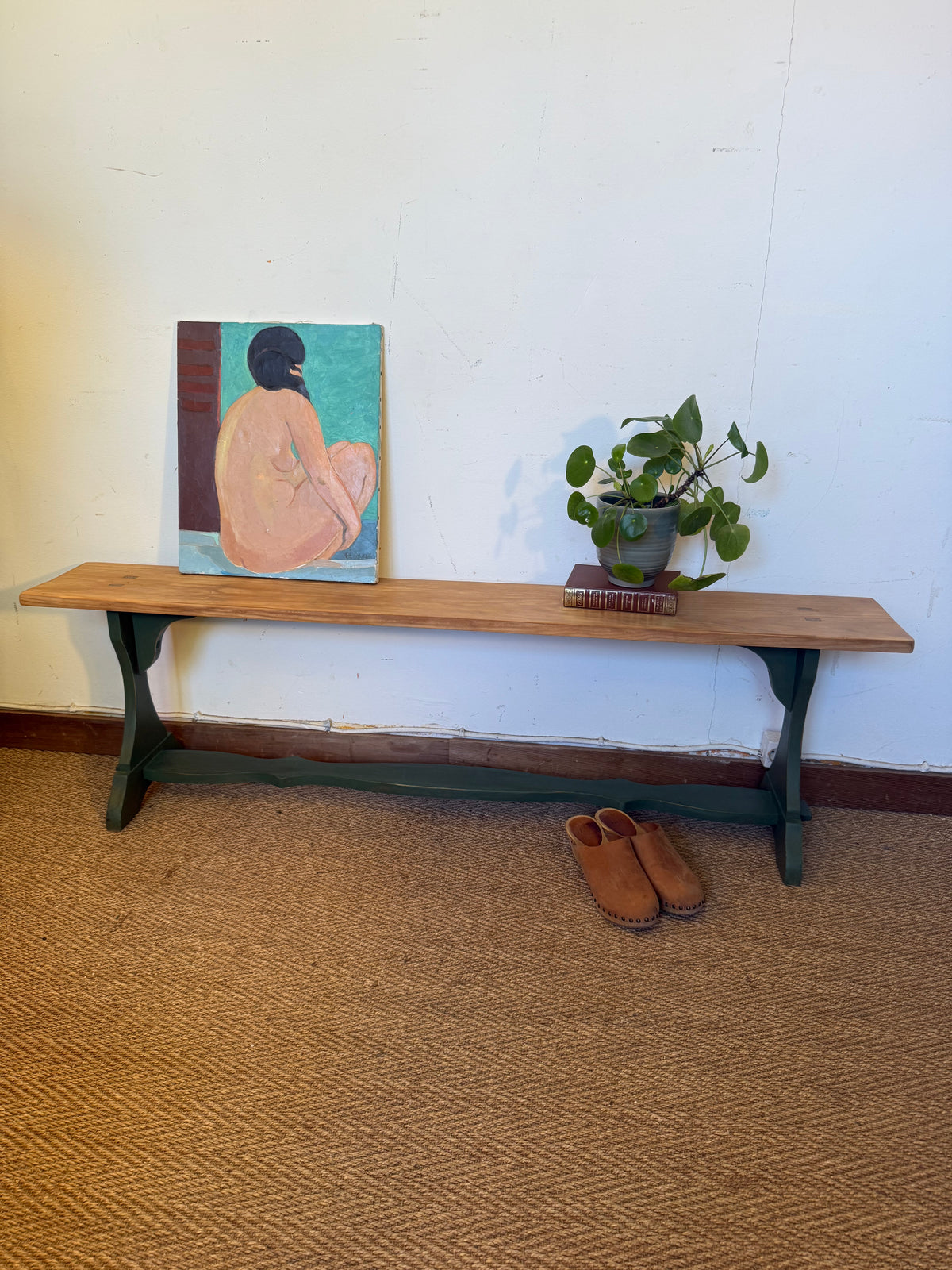 Banc de ferme vintage en bois patiné vert