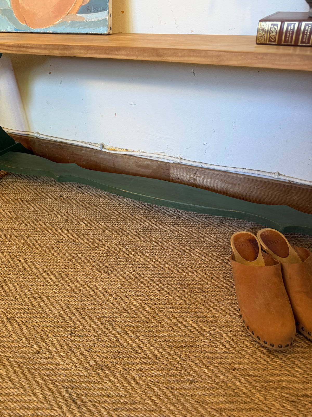 Banc de ferme vintage en bois patiné vert