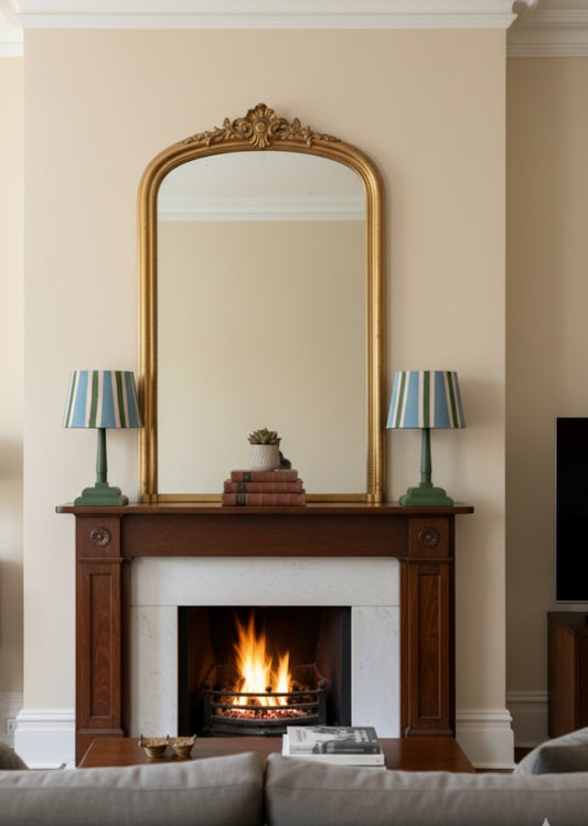 Paire de lampes vintage en bois avec leur abat jour rayé beige bleu et vert